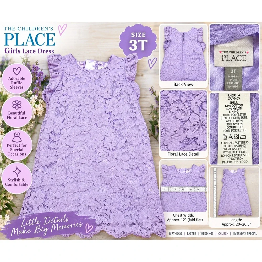 The Children's Place Girls 3T Lavender Purple Floral Lace Ruffle Sleeve Dress